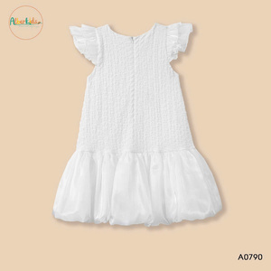 Vestido de niña con lazo en el pecho Vestido casual de niña para Primavera Verano con mangas cortas de gasa - Product Image 3