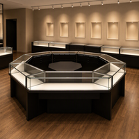 Vitrine à bijoux en verre octogonale personnalisée, cadre noir, finition dorée, éclairage LED pour magasin de détail, boutique, distributeur en gros