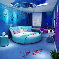 Cadre de lit en cuir rond double king size mariage hôtel thème princesse appartement chambre principale romantique sexy vibrant LED doux
