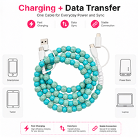 Câble de charge pour téléphone 4 en 1 bleu vert turquoise à perles, cordon de charge multi-prise USB Type C pour iPhone Android