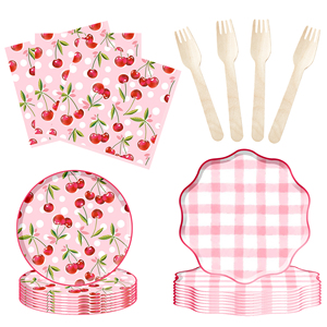 Ensemble de vaisselle jetable DAMAI sur le thème des fruits, cerise rose, joyeux anniversaire, pour 10 invités, assiettes à dessert et à dîner en papier, ensembles de vaisselle de fête - Product Image 2