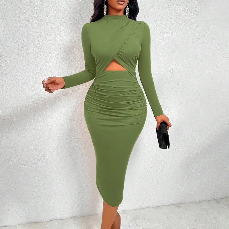 OEM kleidung hersteller kundenspezifische mode lange Ärmel rüschen sexy ausschnitt bodycon midi kleid slim geburtstagskleider damen