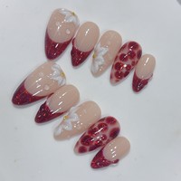 Ongles français en amande avec fleurs 3D faites à la main, 10 pièces, rouge profond, paillettes, imprimé léopard, ensembles d'ongles en forme de goutte d'eau avec pointes d'ongles
