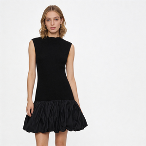 Abito Corto Estivo da Donna di Alta Qualità, Nero, Lavorato a Maglia, con Volant, Stile Francese di Nicchia, Vestibilità Slim, Senza Maniche, con Cuciture e Pieghe, per Uso Quotidiano - Product Image 1