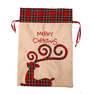 Ready to Ship Reusable Plaid Trim Embroidered Burlap Christmas Sack Drawstring Design for <b>Xmas</b> Gift Packaging - Product Image 5