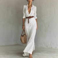 Robe décontractée longue et fluide en coton et lin, col chemise, avec ceinture, pour femme, collection printemps-automne, haut de gamme