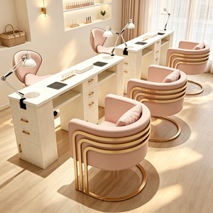 Ensemble de table de manucure avec plateau en marbre et tiroirs, poste de travail moderne pour salon de beauté avec chaise de manucure rembourrée en crème assortie - Product Image 4