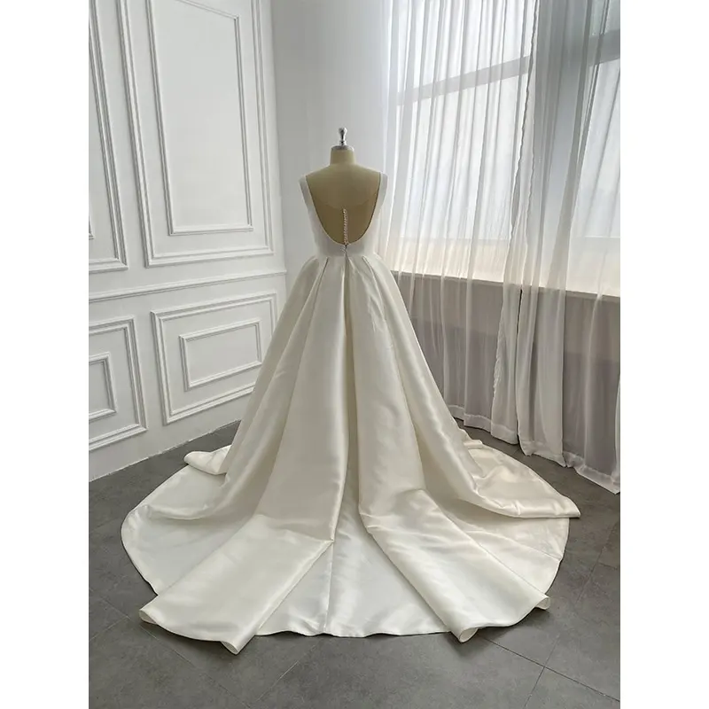 Wholesale Satin A-Line Modern Button Wedding Dresses Simple Rustic Boat Neck Backless Mikado Bridal Gown for Civil Wedding