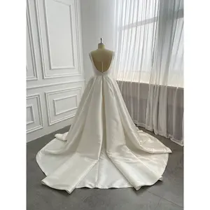 Vestidos de casamento de cetim, atacado, botão moderno, simples, rústico, barco, pescoço, costas nuas, mikado, vestido para casamento civil