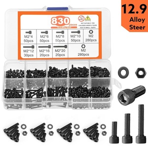 M2 Alloy Steel <b>Screw</b> Nut Bolt Washers Set 830pcs 12.9 Grade Metric Black <b>Galvanized</b> Construction Use - Product Image 1