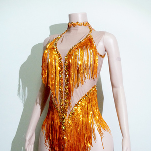 Combinaison en Spandex/Polyester à imprimé numérique avec franges en strass orange coucher de soleil, pour spectacle sur scène, showgirl, diva, drag queen - Product Image 4