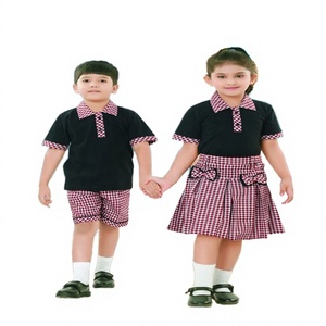 Children's Primary School Uniform Set Black Polo With Red <b>Checkered</b> Collar And Shorts <b>Skirt</b> Cotton Material For Boys And Girls - Product Image 1