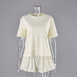 QINSI ressorts vêtements à volants pyjamas col rond manches courtes vêtements <span class=keywords><strong>de</strong></span> salon Pointelle imprimé fleuri Pj ensembles pour femmes <span class=keywords><strong>chemise</strong></span> <span class=keywords><strong>de</strong></span> <span class=keywords><strong>nuit</strong></span> - Product Image 4