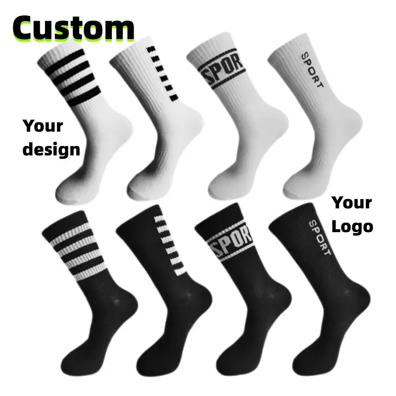 Breathable Custom Logo Socks Striped Cotton Socks Unisex Running Middle Tube Men Crew Sports Socks