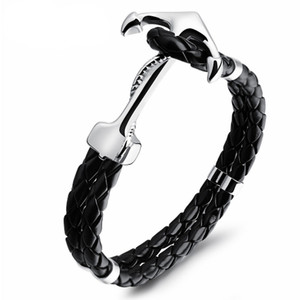 Pulsera de Ancla Estilo Punk para Hombre, de Cuero PU Trenzado Negro con Cadena Plateada, Joyería de Muñeca, Regalo - Product Image 1
