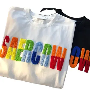 Özel grafik Logo baskı erkek t-shirt işlemeli tişört erkekler şönil nakış T Shirt