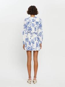 Women's White Printed V-Neck Ruffle Tie-Waist <b>Lantern</b> Sleeve <b>Mini</b> Dress Elegant Sophisticated Spring Breathable Bow ODM - Product Image 5