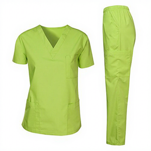 Ensemble de blouses médicales vert lime pour femmes, col en V, polyester, avec poches sur le haut, pantalon à taille élastique, uniforme d'hôpital, tissu peigné - Product Image 1