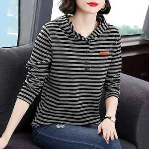 Women's Striped Long Sleeve T-Shirt Stand Collar Loose Fit Autumn Base Layer Hooded Design Inner Wear Plus Size - Product Image 4