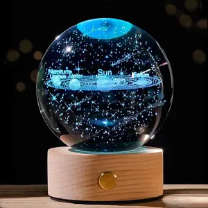 6cm 8cm 3D Crystal Ball Crystal Moon Planet Night Light Galaxy Crystal Ball Lámpara de mesa con base táctil de carga de colores completos