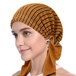 Chapeau de <span class=keywords><strong>chimio</strong></span> HZM-24208 élégant à rayures de couleur unie Turban <span class=keywords><strong>Bonnet</strong></span> Tails - Product Image 1