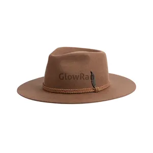 GlowRan Sale Australian Wool Light Brown Felt Fedora Wide Brim Hats Men