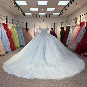 Vestido de Quinceañera Exclusivo Azul con Cuentas y Apliques de Cristal, Estilo Princesa, con Cola de Capilla, Largo hasta el Suelo, para Fiesta de 15 Años - Product Image 4