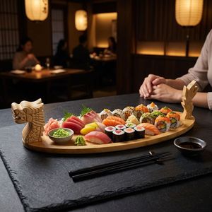 Bandeja de <span class=keywords><strong>Sushi</strong></span> de Bambú Tallada a Mano de Lujo con Diseño de Barco Dragón, Plato de Sashimi de Arte Oriental para Restaurantes y Eventos de Alta Gama - Product Image 6