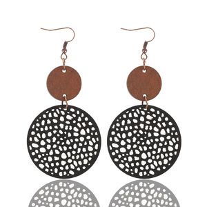 Boucles d'oreilles en similicuir Vintage maille ronde évidée puce de bois cuir combinaison boucles d'oreilles pour femmes Uionen 866 - Product Image 1