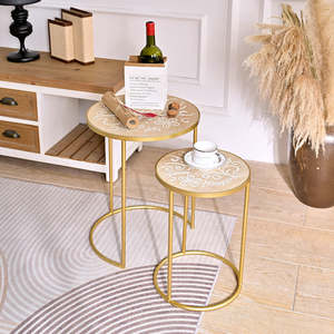 INNOVAHOME Extendable European Modern Design Panel Gold <b>Metal</b> <b>Legs</b> Flower Carved Wooden Top Living Room <b>Coffee</b> <b>Table</b> Set 2 - Product Image 4