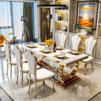 Ensemble de table à manger 3 pièces, meuble de luxe en marbre, or rose, table rectangulaire en acier inoxydable, avec 6 chaises