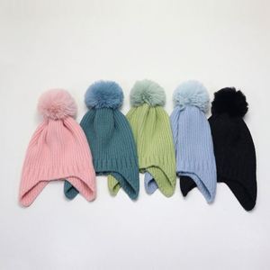 Chapeaux pour bébés personnalisés, protection des oreilles, chapeau tricoté, chapeau chaud pour enfants avec cache-oreilles, pompon, bonnet d'hiver - Product Image 2