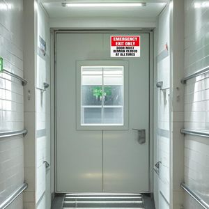 Solo la porta di uscita di emergenza deve rimanere sempre chiusa segno 14*10 pollici fori preforati avviso di avvertimento in alluminio impermeabile - Product Image 6