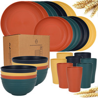 Ensemble de vaisselle en paille de blé réutilisable de 32 pièces avec logo personnalisé en gros, assiettes rondes incassables, compatibles lave-vaisselle et micro-ondes