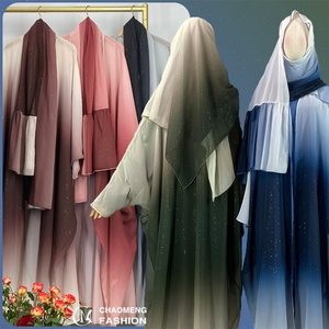 Popular Abaya Set Sparkle Starry Sky Gradient Color Cardigan With Long Hijab Muslim Islamic Women Classy Abaya 2PCS Set 67501# - Product Image 1