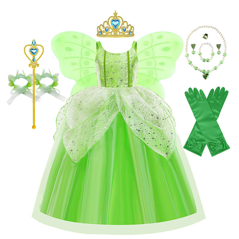 Fantasia de boneco de desenho animado para performance de cosplay de menina flor, vestido de princesa com asas de fada Tinkerbell