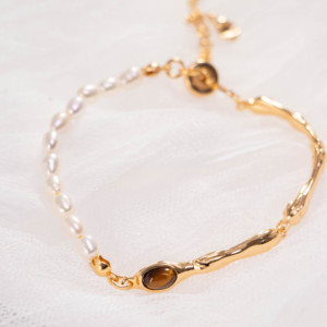 Gold-Plated Tiger Eye Stone & <b>Freshwater</b> <b>Pearl</b> <b>Bracelet</b> Irregular Texture Adjustable Chain <b>Bracelet</b> Fashion Luxury Jewelry - Product Image 2