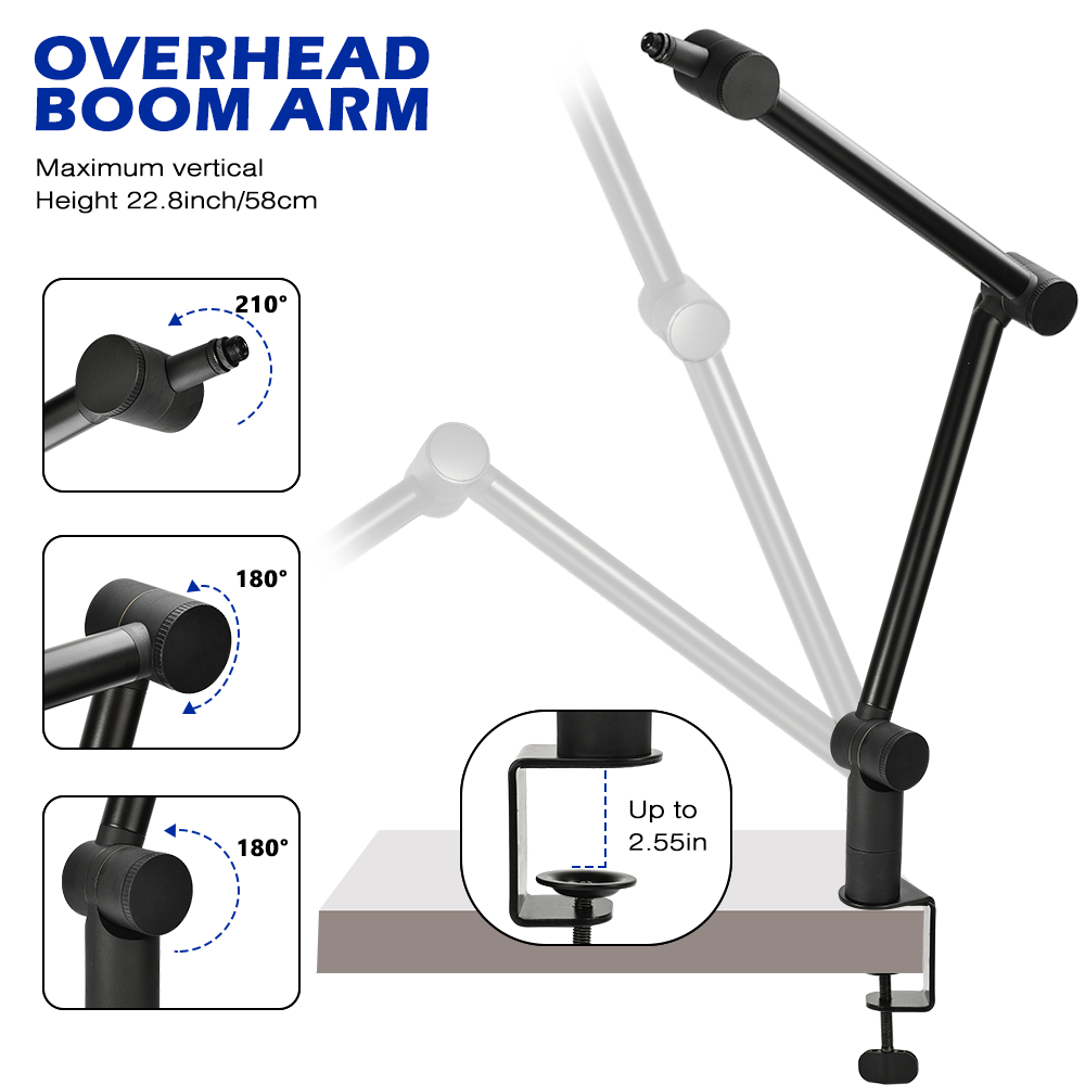 Microfoonarm met laag profiel: ondersteunt 3 kg, stabiele structuur die nooit verdwijnt, metalen microfoonarm voor Shure SM7B, Blue Yeti, Rode PodMic