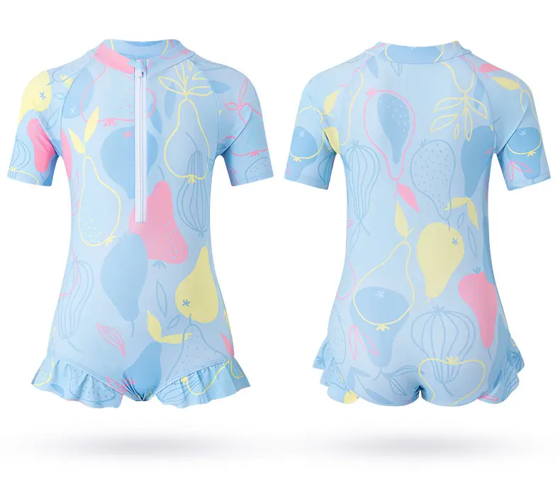 Özelleştirilmiş pembe baskılı fermuar tek parça yaz bebek giysileri çocuk mayosu Beachwear çocuklar