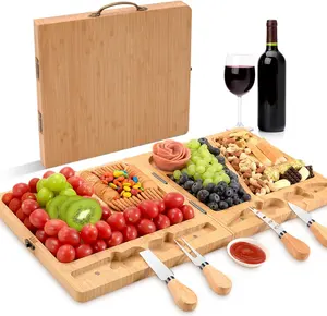 Cheese Board Charcuterie Gift Folding Bamboo Storage Food Serving Platter with Knife Travel Picnic Wood Cheese & Cutting Tray