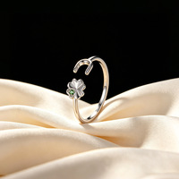 Bague trèfle à quatre feuilles en argent sterling 925, zircone verte, bande ouverte réglable, plaqué platine, taille US 7, vente en gros