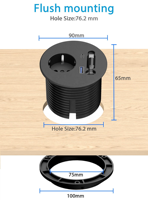 Cable de Carga Tipo-C Integrado con Enchufe Empotrado de 1 Salida y Puerto de 20W, Hub de Alimentación de 3 Pulgadas para Escritorio o Mesa de Conferencias