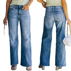 Jeans de Mezclilla de Cintura Alta y Pierna Ancha para Mujer, Largos, Lavados, de Algodón, Casuales, Holgados y Transpirables - Product Image 1