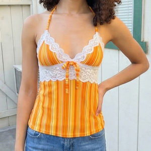 2026 Summer Striped Colorblock Lace Trim V-Neck Slimming High Waist <b>Tie</b> Front Halter Cami Top Breathable Casual for Women - Product Image 5