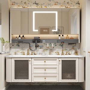 Mueble de Baño Moderno de Lujo Francés Color Crema, Lavabo Simple/Doble, Encimera de Madera, Lavabo de Cerámica, Espejo Inteligente, Gabinete de Pared - Product Image 1