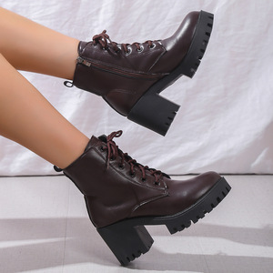 مارتن الأحذية الإناث النمط البريطاني الخريف والشتاء جديد جولة رئيس الدانتيل يصل كعب سميك النسخة الكورية عالية كعب الأزياء مي - Product Image 6