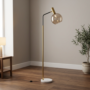 Lámpara de Pie Minimalista de Latón con Base de Mármol, Pantalla Redonda de Vidrio, Altura Ajustable, Fuente de Luz LED 2700K, Blanco Cálido Suave - Product Image 4