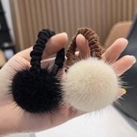 MWFur-Bande de cheveux à pompon en fourrure de vison naturelle faite à la main pour filles, corde à cheveux élastique décorée pour femmes