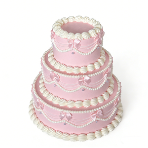 Modèle de gâteau d'anniversaire réaliste à 3 étages, fait main, en plastique écologique, avec décorations religieuses d'anges roses et nœuds en glaçage au beurre - Product Image 1