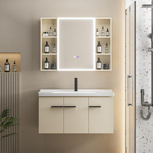 Conjunto de Mueble de Baño Moderno y Sencillo con <span class=keywords><strong>Lavabo</strong></span> de Cerámica Integrado de Color Crema, Espejo Inteligente y Gabinete de Pared - Product Image 4